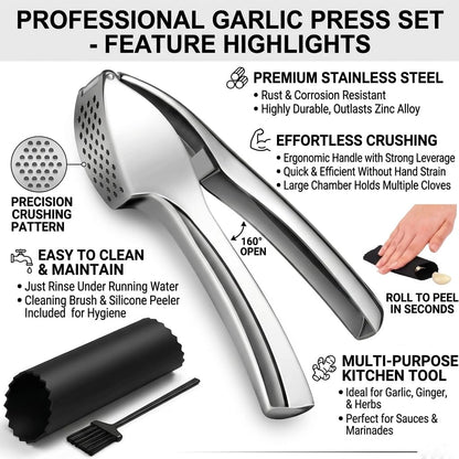 TAHINO Stainless Steel Garlic Press – Heavy Duty Manual Garlic Crusher & Mincer, Ergonomic Handheld Garlic Press Tool for Kitchen, Easy Squeeze & Durable Garlic Crusher