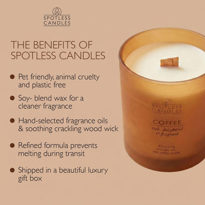 Coffee Candle; 9.7oz, 55 Hrs Burn Time, Soy Wax Brown Frosted Jar with Crackling Wooden Wick & Luxury Gift Box with Gold Foil Strip: Coffee Scented Candle by Spotless Candles