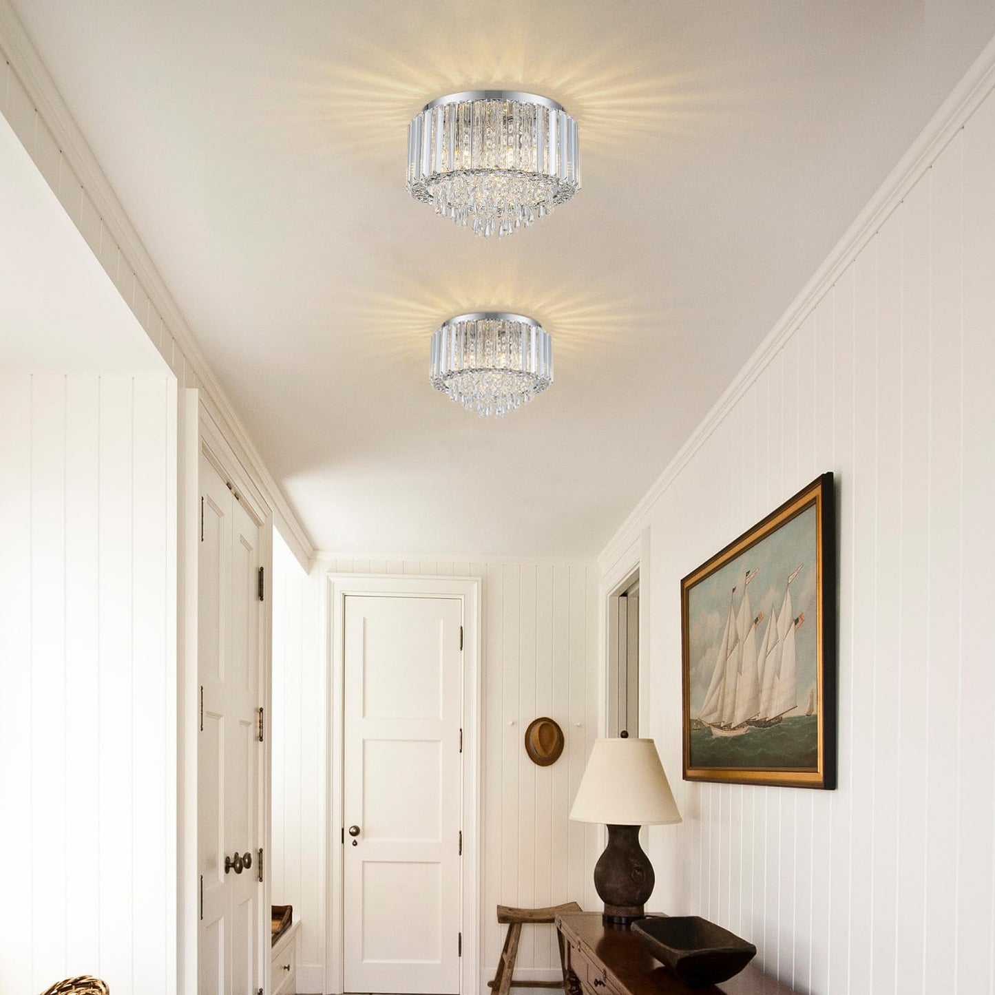 HOPGGIE 11.8 Inch Crystal Chandelier Modern Chandelier Light Mini Chandelier Semi Flush Mount Ceiling Light Fixture Small Chandelier for Bedroom Hallway Kitchen Foyer Closet (Chrome)