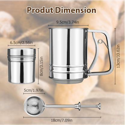 Flour Sifter, Sifter for Baking with Flour and Powdered Sugar Shaker Duster Set, 3 Cup 3 in 1 Stainless Steel Double Layer Fine Mesh Sifter for Cakes, Pastries, Pies, Cupcakes and Desserts