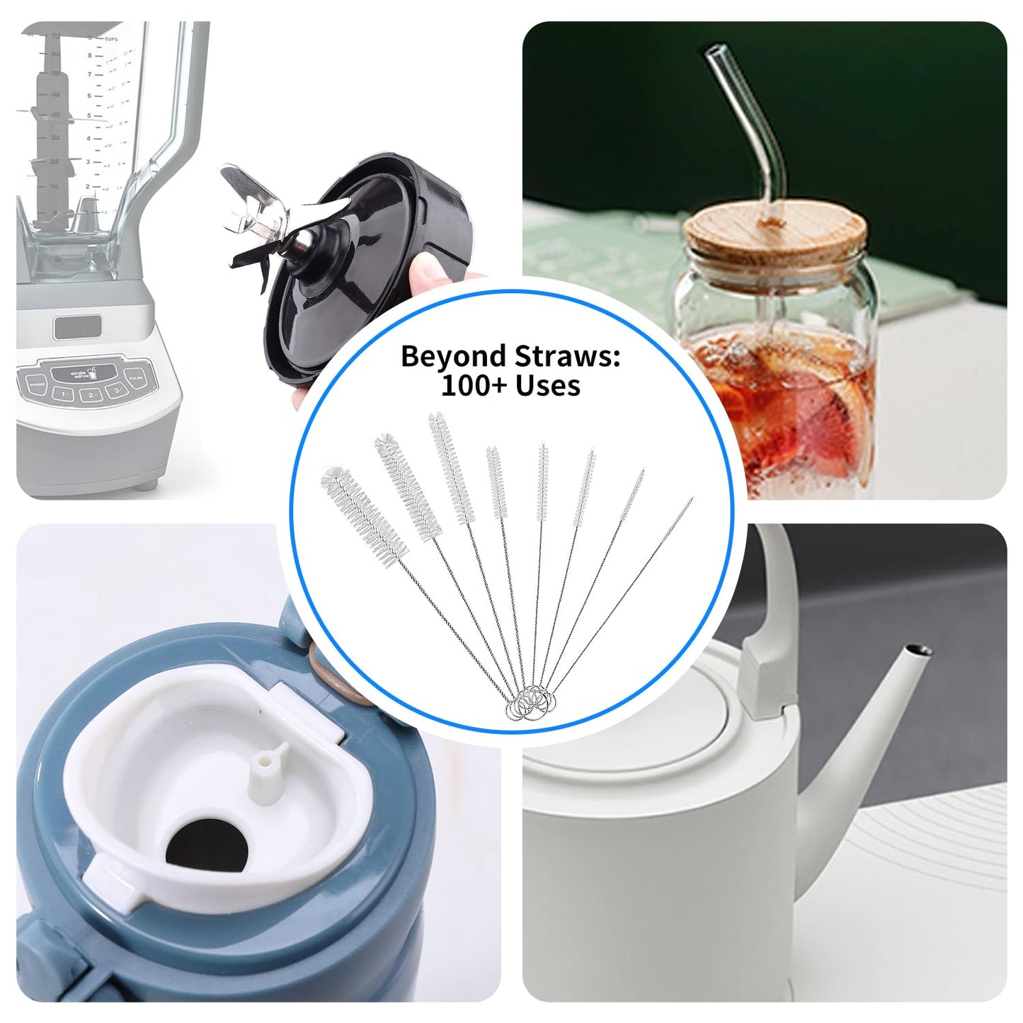 8 Pack Straw Brush Cleaner with Different Diameters (3mm-30mm) - 12" Long Nylon Brush for Water Bottles, Baby Bottles, Sippy Cups & Tumblers | Reusable Tube Cleaner for Straws and Narrow Pipes