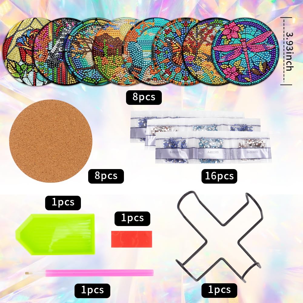 8 Pcs Diamond Art Painting Coasters with Holder, DIY Colorful Glass Stain Diamond Art Painting Kits for Beginners, Diamond Craft Supplies for Adults Kids Coasters Gift