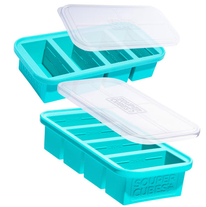 Souper Cubes 1 Cup Silicone Freezer Molds with Lids - Soup Cubes with Steel Reinforced Rim - Perfect for Freezing Broth, Rice, Individual Portions, Meal Prepping and More - Aqua - 2-Pack