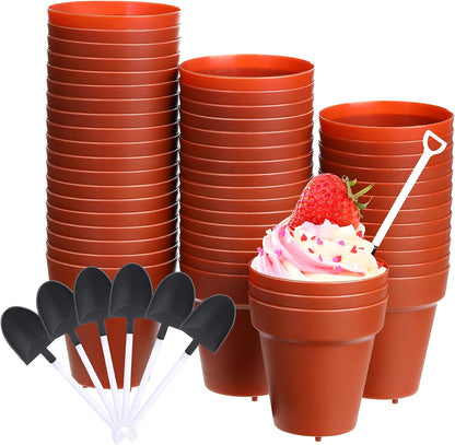 50 Pack Patelai Flower Pot Dessert Cups with Shovel Spoons Plastic Cake Desserts Cups for Farmers Market Construction