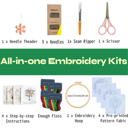 CornerLife 4 Pack Embroidery Kit for Beginners Adults, Hand Embroidery Kits with Pre-Stamped Floral Patterns and Instructions, Adjustable Hoop, Needlepoint Starter Kit DIY Art Crafts Gift (Flower A)