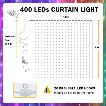 ASTRAEA Smart Curtain Lights 400 LED Curtain Light with APP & Remote,Music Sync,Timer,Indoor Outdoor 6.6Ftx6.6Ft DIY String Fairy Light for Christmas,Halloween,4th of July,Bedroom Wall Backdrop Yard