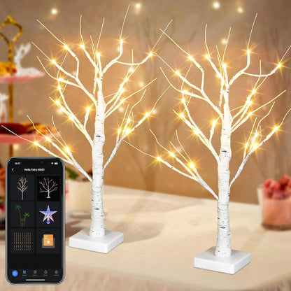 2FT 18 Dimmable, 2 Pack Smart Birch Tree with LED Lights, Bluetooth App Controlled, Modes, Timer, Music Sync, Warm