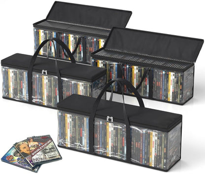 DVD Storage Bags, Media Organizer Bags for DVDs, CDs, Blu Ray Disc, Movie Cases, VHS Box, Video Game Disks, Albums, Books, Clear Plastic Holders with Carrying Handles (Black, 4Pack)