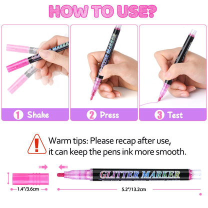 OLINGYOU Glitter Marker Pens,12 Colors Self-Shimmer Metallic Markers,Glitter Paint Pens DIY Crafts Greeting Birthday Cards, Making Poster,Album,Scrapbooking,Wood