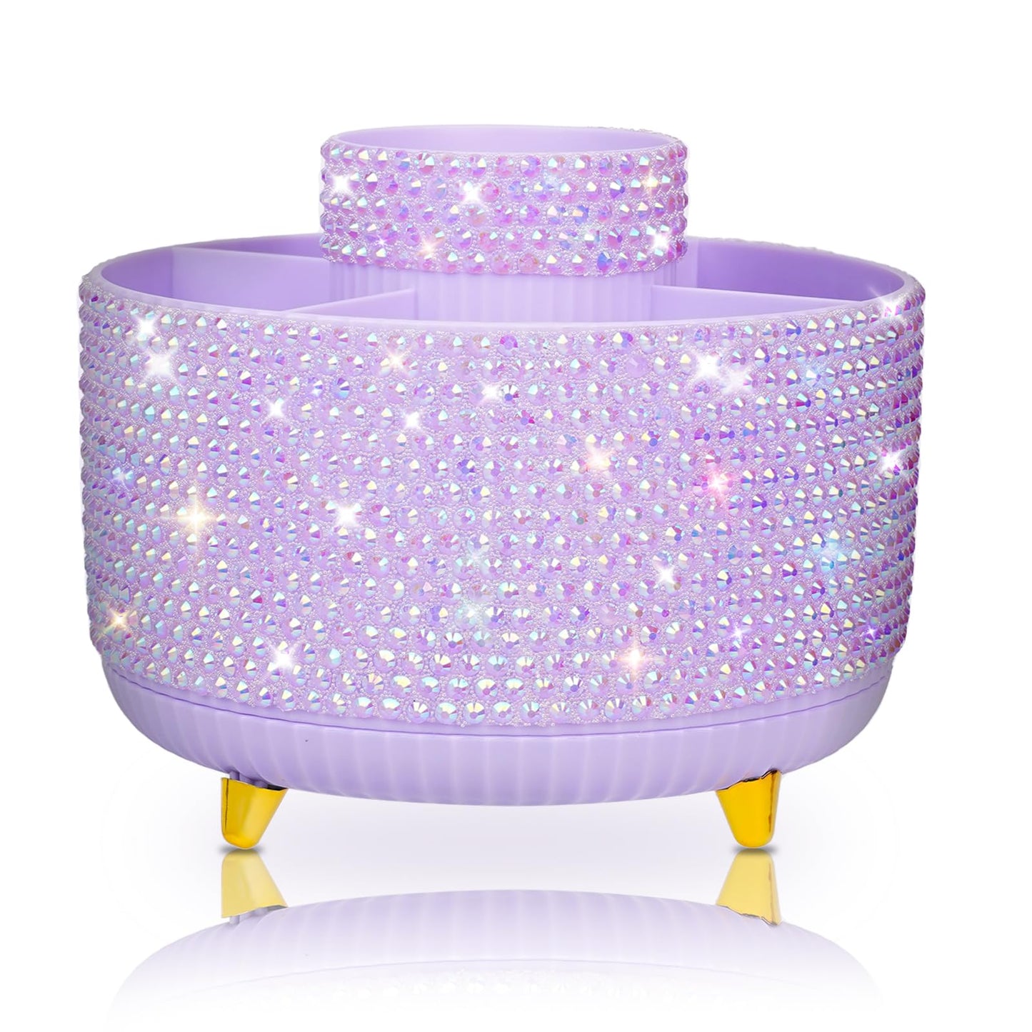 ENJIKAER Bling Purple Phinestone Desk Organizer with 5 Slots 360 Degree Rotating，Bling Pen Holder Makeup Brush Holder for Women, Silver Rhinestone Office Accessories(Purple)