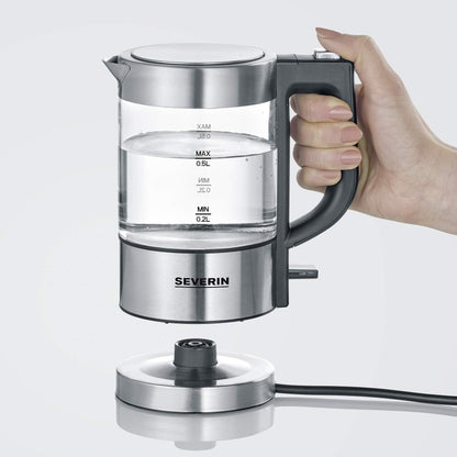 SEVERIN Mini Glass Kettle 0.5 L, Powerful and Compact in High-Quality Design, Electric Kettle with Limescale Filter, Stainless Steel/Black, WK 3472