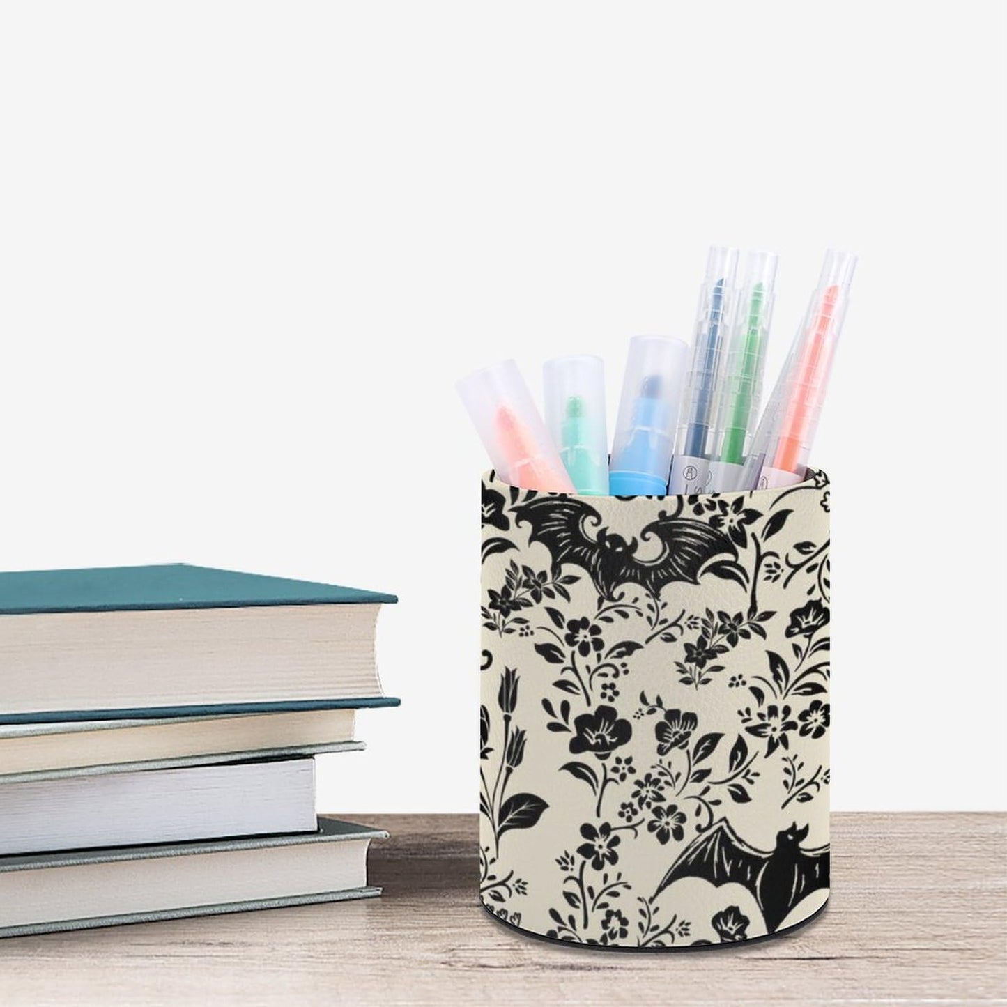 XUWU Gothic Bat Flowers Pen Holder Pencil Organizer Cute Pencil Cup Desk Decor Makeup Brush Holder PU Multifunctional Office Suppliesfor Home Classroom School