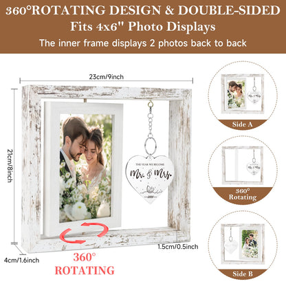 PIKPEOD Wedding Gifts for Couples 2026, Engagement Gifts for Couples, Personalized Mr and Mrs Wedding Gift for Newlyweds, Bridal Shower Gift for Bride to Be, Rotating Floating Wedding Picture Frame 4x6