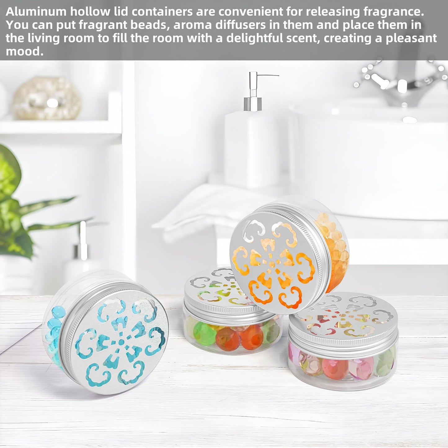 2.7 oz/80ml 3 Styles Empty Scent Beads Storage Container with Hollow Lids, Clear Storage Containers for Air Freshener Solid Perfume Aroma Diffuser, Small Round Jars Sample for Aromatherapy (12 PCS)