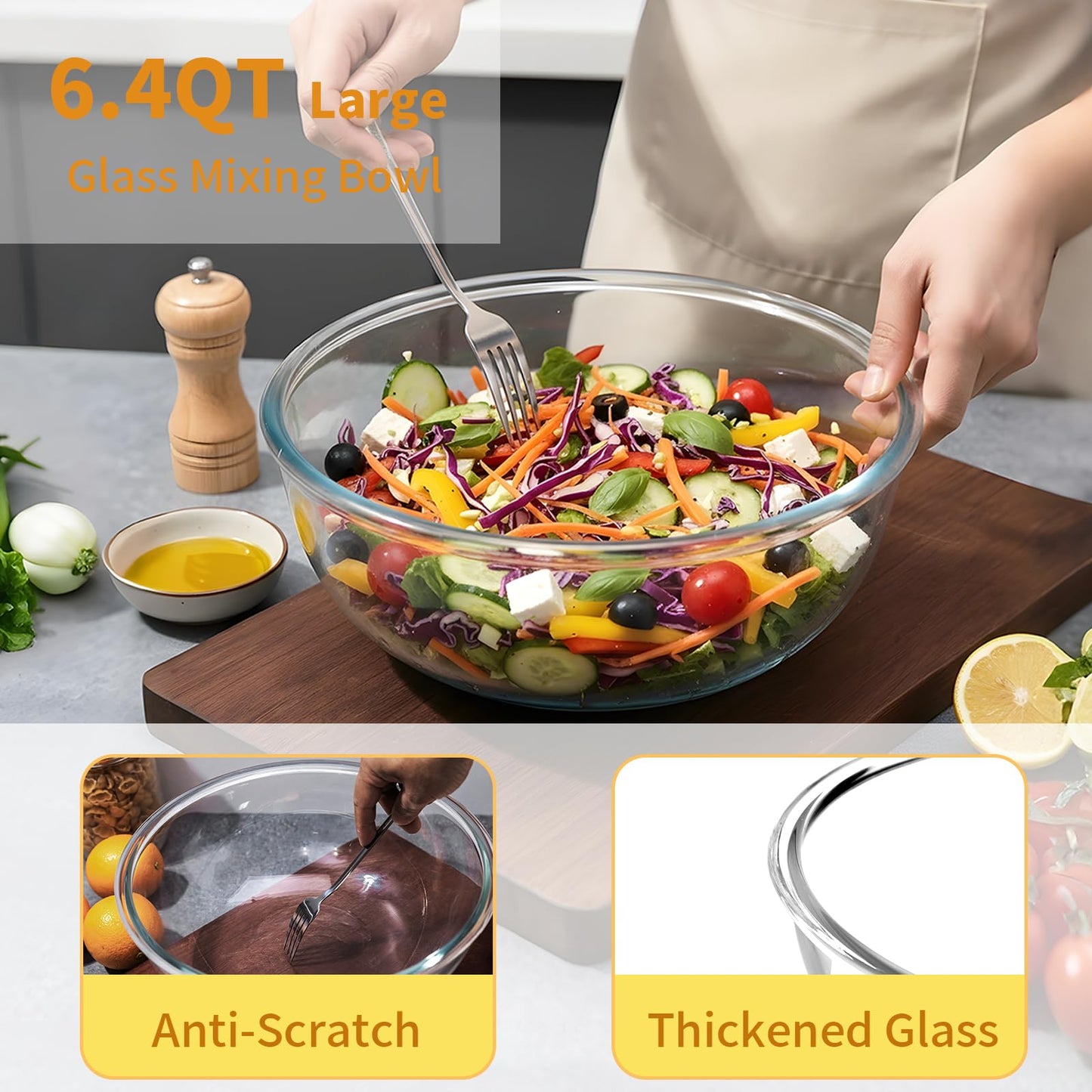 6.5Qt Extra Large Glass Mixing Bowls, Clear Large Salad Bowls,Thickened Glass Big Mixing Bowls Salad Bowls Cooking Bowl for Kitchen Prepping Storing Baking Serving, Fruit, Snacks, Borosilicate Glass
