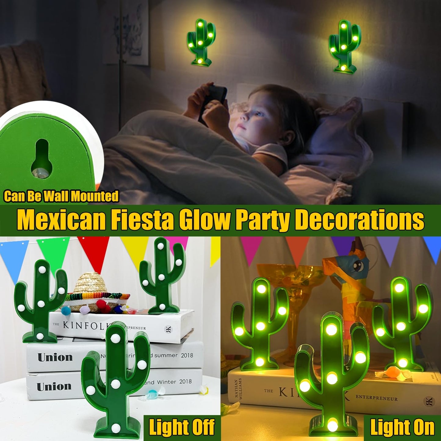 TURNMEON 3 Piece Cactus Decor LED Cactus Light Cinco De Mayo Decorations, Fiesta Mexican Party Decorations Green Cactus Night Light Table Lamps for Kid's Room Bedroom Home Decor (4.72 x 2.76 Inch)