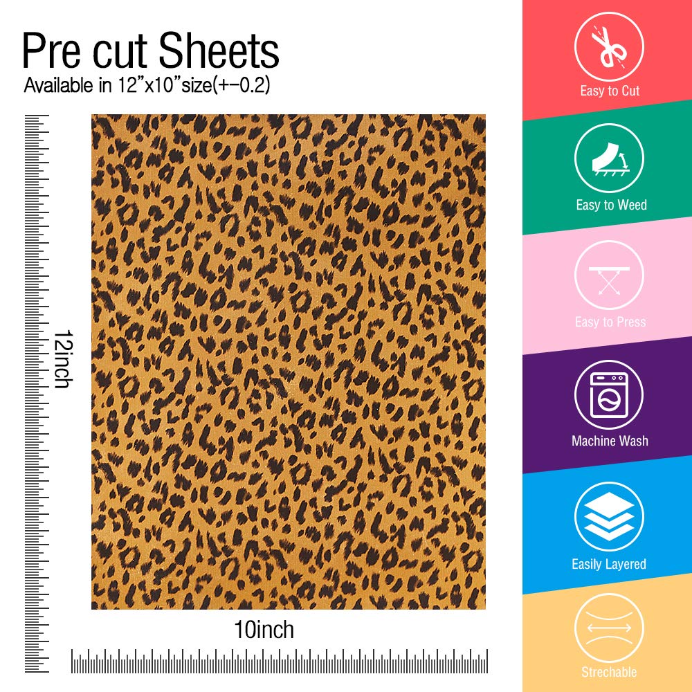 5pcs/Set Leopard Patterned Heat Transfer Vinyl, Stretchable 12" x 10" Cheetah Print HTV Vinyl Sheets for T-Shirt Decoration and DIY Craft Material