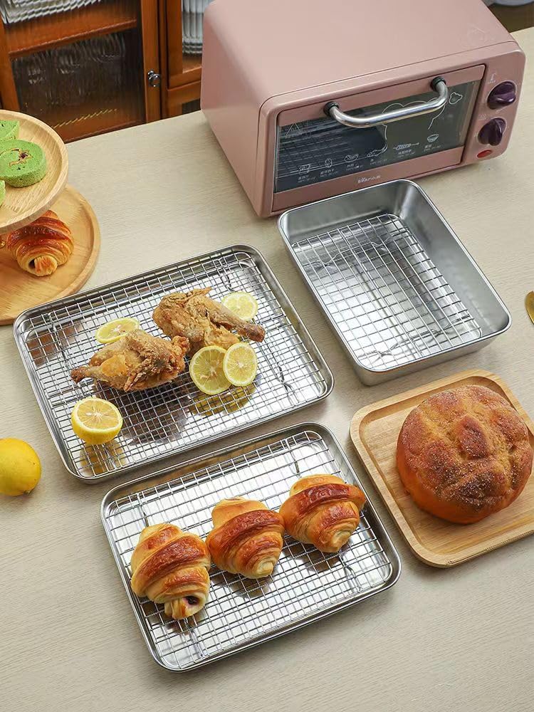 Stainless Steel Roasting Pan, Broiler Pan with Rack Set, Rectangular Roaster for Cooking and Baking
