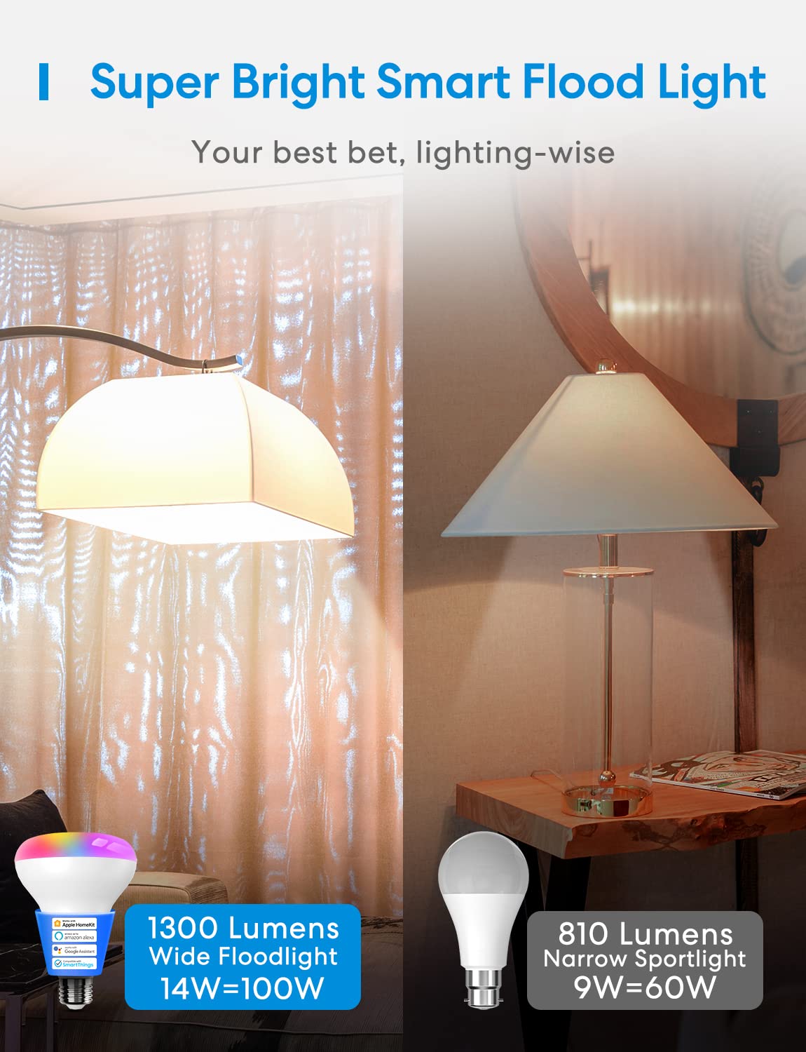 meross Smart Light Bulb, Smart WiFi LED Bulbs Compatible with Apple HomeKit, Siri, Alexa & Google Home, E26 2700K-6500K, 900 Lumens RGBWW 60W Equivalent, 1 Pack
