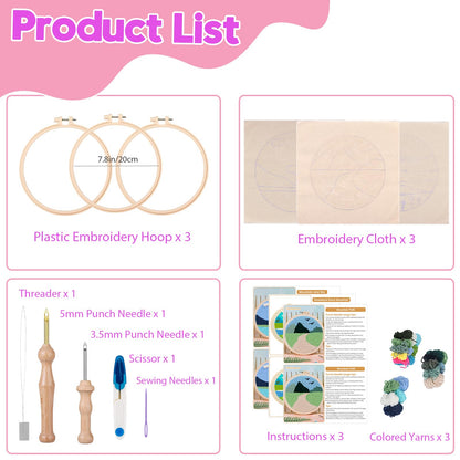 Cheloment 3 Sets Punch Needle Kits for Beginners,Includes Needles,Pattern Fabric,Yarns and Hoops, Needle Punch Kits for Adults&Kids,Easy to Learn,Stress Relief,Great for Home Decor