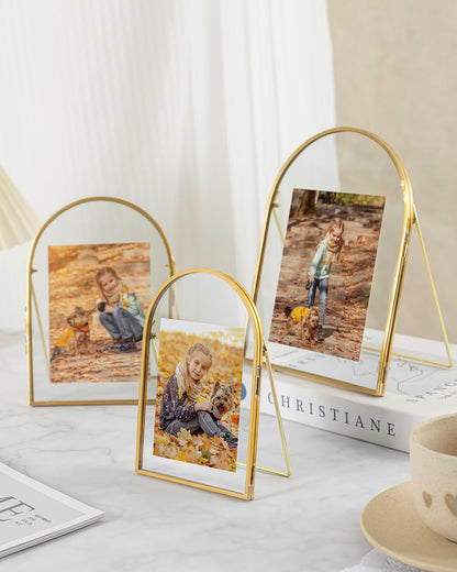 Jajamy Set of 3 Gold Floating Picture Frame, 4x6, 5x7, 6x8 Arched Glass Floating Frames, Vintage Brass Gold Picture Frame for Artwork Photos Tabletop Display