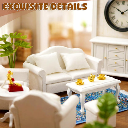 1:12 Scale Miniature Furniture Sofa Set with Pillows Mini Couch Carpet Tea Table for Mini House Acessories Living Room Scene Decor