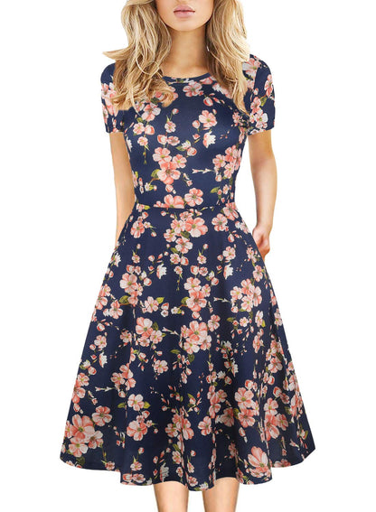 Prime Wardrobe Womens Clothing Vintage Beautiful Casual Short Sleeve Ladies Floral Fit Flare Party Cocktail Aline Swing Dress 162 (M, Navy)