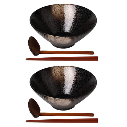 Kanwone Ceramic Japanese Ramen Bowl Set, Noodle Soup Bowls - 37 Ounce, with Matching Spoons and Chopsticks for Udon Soba Pho Asian Noodles, Set of 2, Black