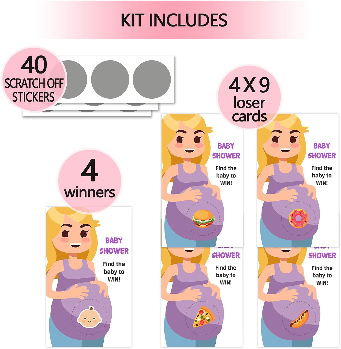 40 Cute Baby Shower Games - Scratch Off Lottery Ticket Raffle Cards with 4 Winners & 4 Loser Designs