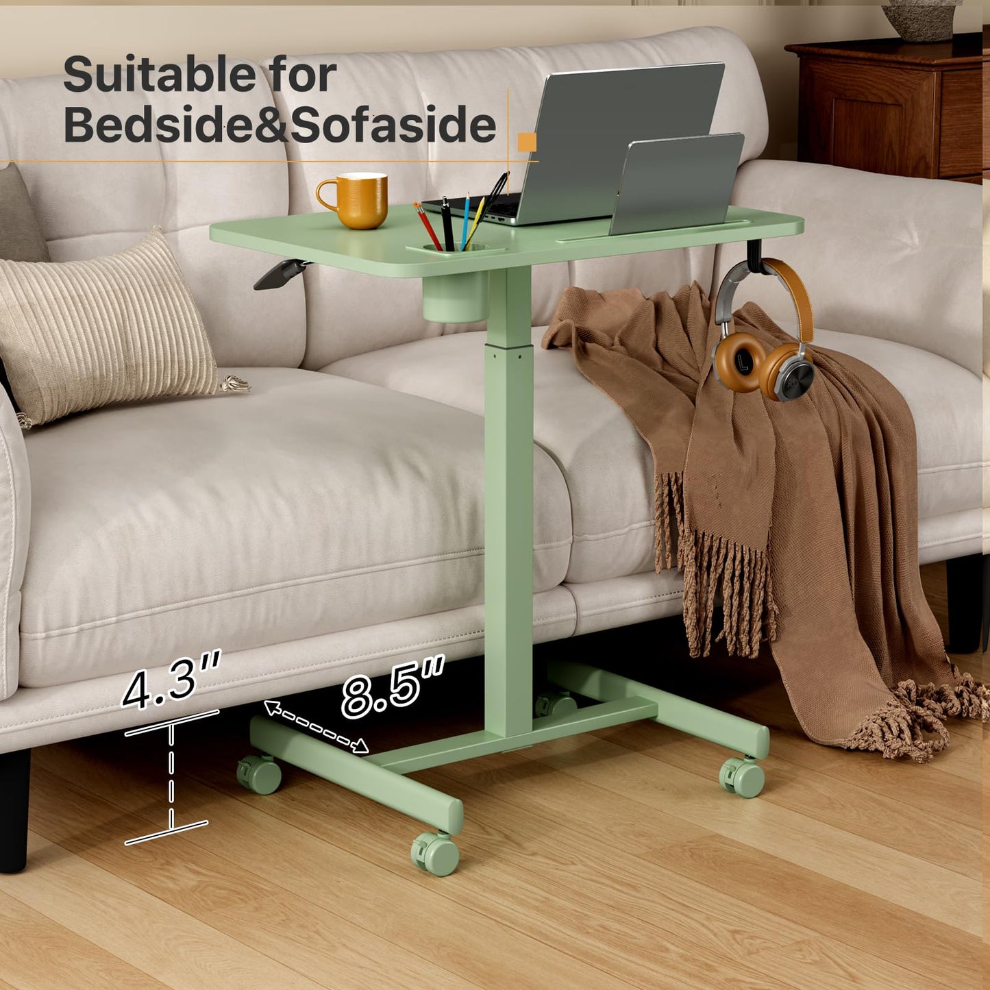 Liftsync Mobile Standing Desk, 28 inch Rolling Laptop Cart Adjustable Height with Cup Holder, Portable Table with 4 Lockable Wheels, Green Computer Workstation with Hook and Slots for Home Office