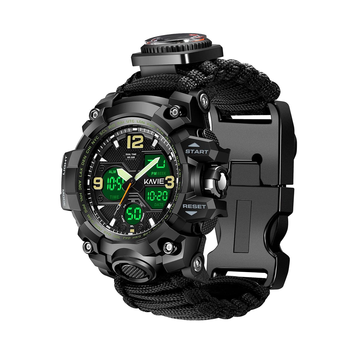 23-in-1 Survival Military Digital Watch, Mens Tactical Multi-Functional and Adjustable Wristband Outdoors Waterproof Sports Dual Dial Watches with Compass Paracord Band, Black, Digital
