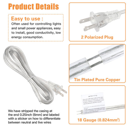 Asjeumt 2 Pcs 8 FT Lamp Cord with Plug, Replacement Lamp Wire with Plug, Clear SPT-2 Lamp Cord Wire 2 Polarized Molded Plug 18 AWG Power Cord, 8 Feet DIY Rewiring Repair Wiring Electrical Light Cords