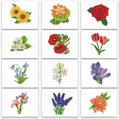 PeakLuv 12 Pcs Small Diamond Art Kits Diamond Painting Kits, Flowers Mini Diamond Art Kits for Adults, DIY Square Drill Flower Mini Gem Painting 1-Hour Painting for Home Desktop Decor, 7X6in