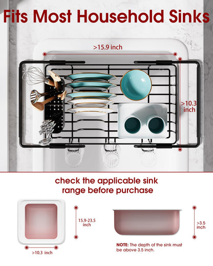 Sakugi Dish Drying Rack in Sink - Expandable Stainless Steel Dish Rack Over the Sink, Kitchen Sink Drain Strainer with Cutlery Holder & Cup Holders, 15.4 x 9.8 x 3.0 Inch, Black