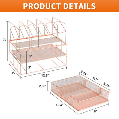 gianotter Desk Organizers and Accessories, Office Supplies Desk Organizer with Sliding Drawer, Double Tray and 5 Upright Section File Sorter Organizer (Rose Gold)