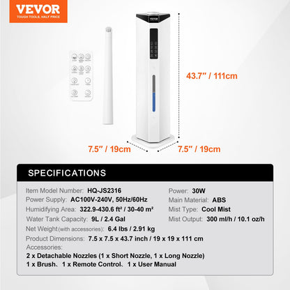 VEVOR Humidifier for Home Large Room, Commercial Humidifier for Whole House 1291.7 sq ft, 16L Water Tank & Night Light & 12h Timer & Auto Shut-Off, Greenhouse, Commercial Branch Tube w/ 360° Nozzle