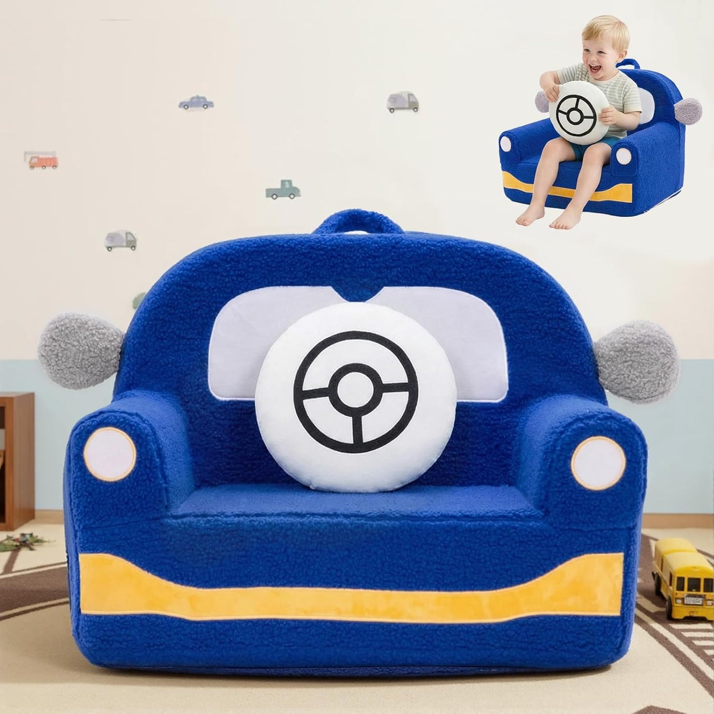 OUOZZZ 13 Toddler Chair Years Old, Kids Chair Comfy Car Sofa with Cushion Handle & Book Pocket, Soft Sherpa Foam Seat