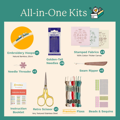 Bradove Beginner Embroidery Kit for Adults Kids, Learn to Embroider 37 Stitches and 13 Cute Patterns, Beginner Embroidery Practice