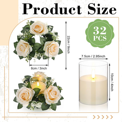 Yunlly 32 Pcs Rose Candle Rings with Flameless Candles Sets, Artificial Flower Eucalyptus Wedding Centerpiece 3 Inch Pillar Candleholders Wreaths for Wedding Party Mother's Day (Champagne)