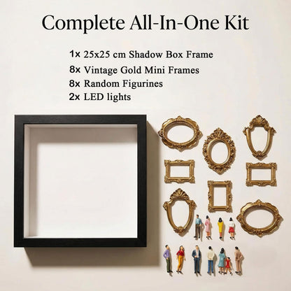 Mini Museum Silhouette Shadow Box Frame, DIY Memory Display Photo Craft Kit with LED String Lights, Mini Gold Frames & Figurines, Keepsake Box for Wedding Anniversary Family Milestone Gift (Black)