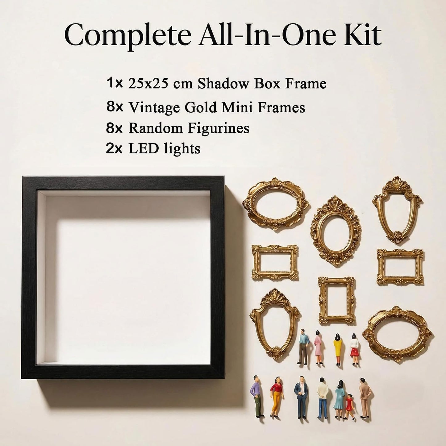 Mini Museum Silhouette Shadow Box Frame, DIY Memory Display Photo Craft Kit with LED String Lights, Mini Gold Frames & Figurines, Keepsake Box for Wedding Anniversary Family Milestone Gift (Black)