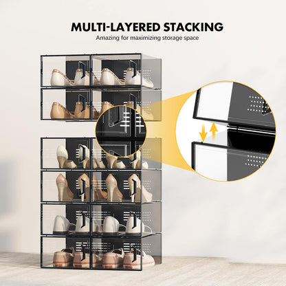 SEE SPRING X-Large Shoe Storage Box - Clear Plastic Stackable Organizer for Size 11 Sneakers | 12 Pack Black