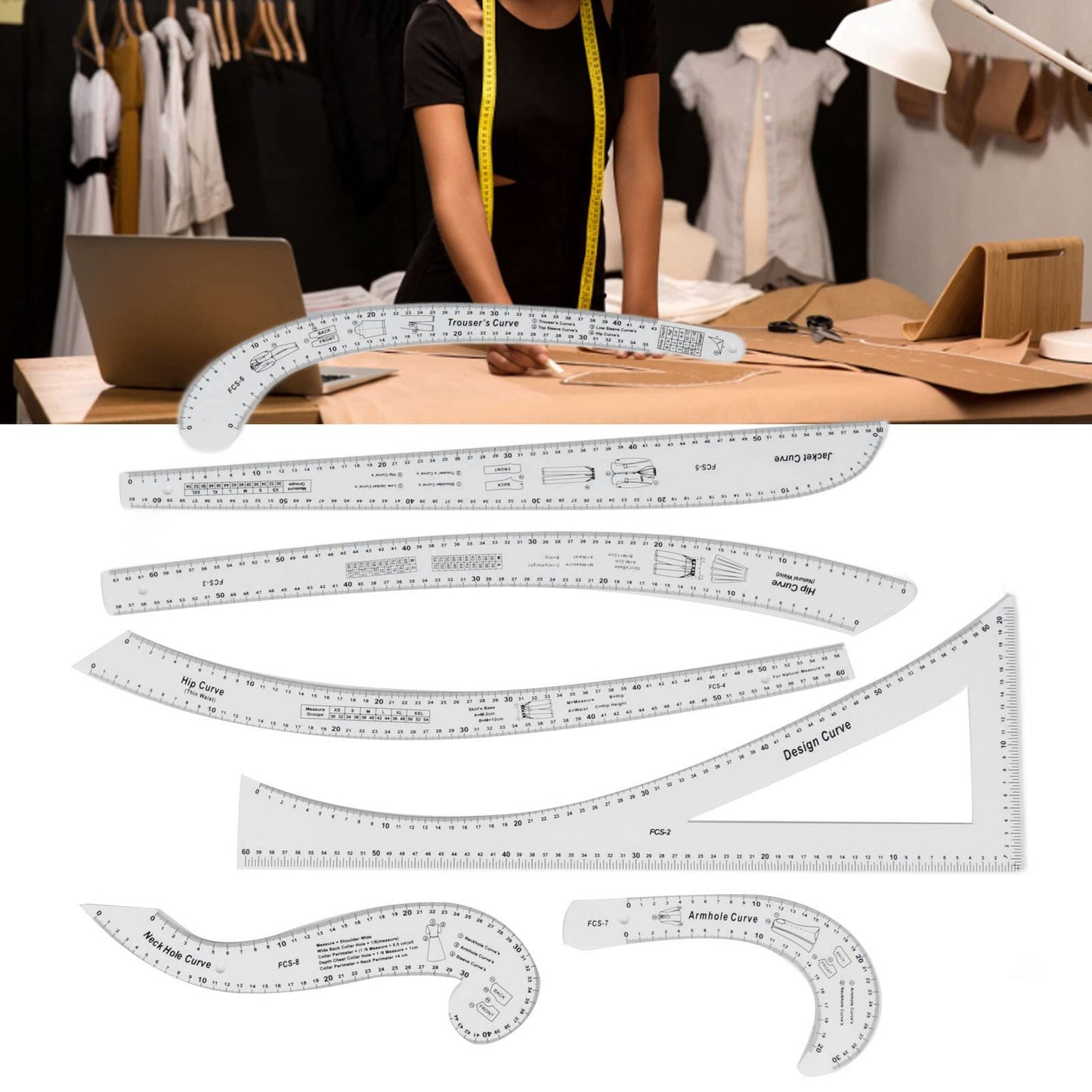 French Curve Ruler Set 7Pcs Acrylic Clear Sewing Ruler Tailor Kit for Dress Making