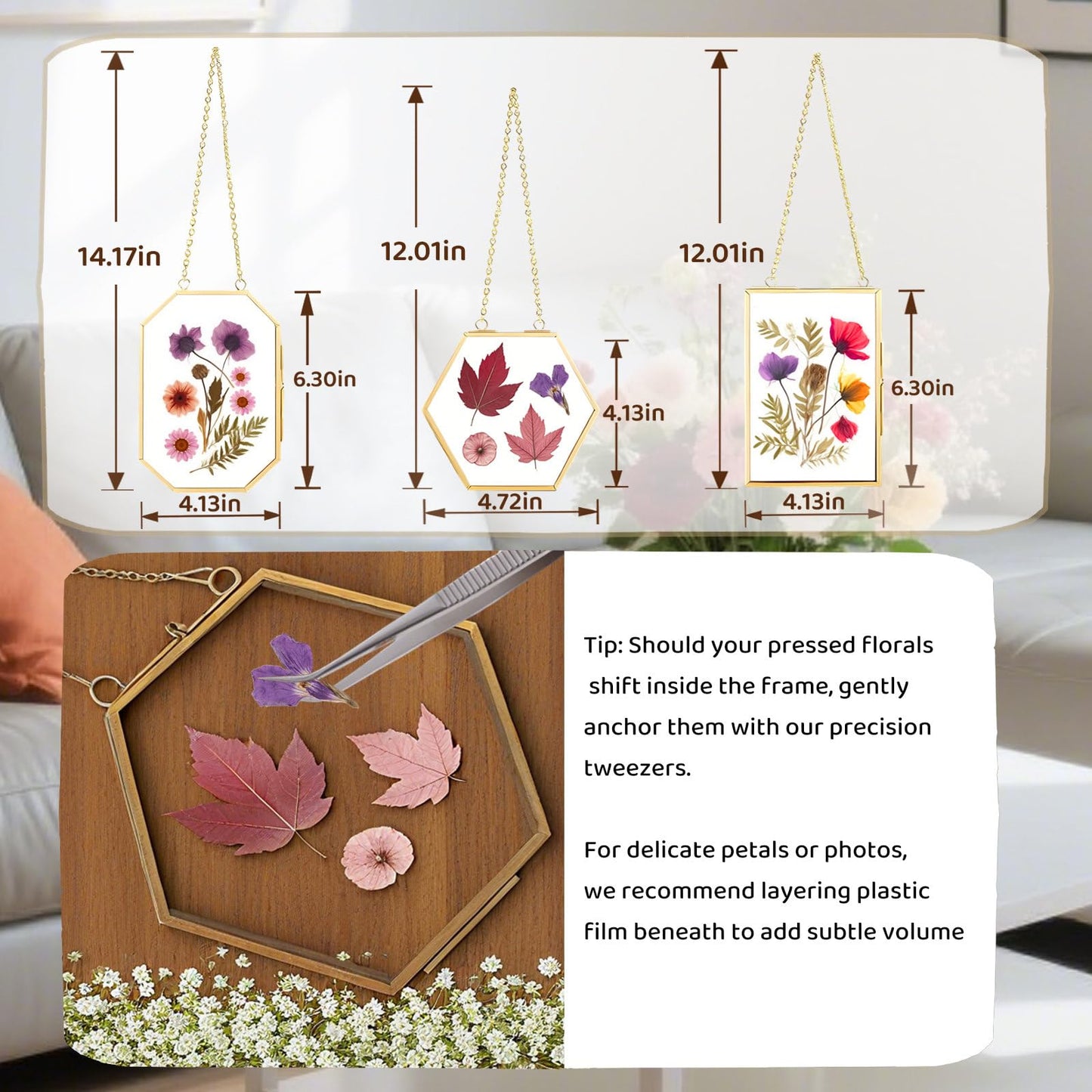 PWMENLK 3 Pcs Pressed Flowers Frame Glass Frame, for Photo Picture Plant Specimen Display, Decorations for Home DIY Dried Flower Preservation Kit, Wall Decor Art