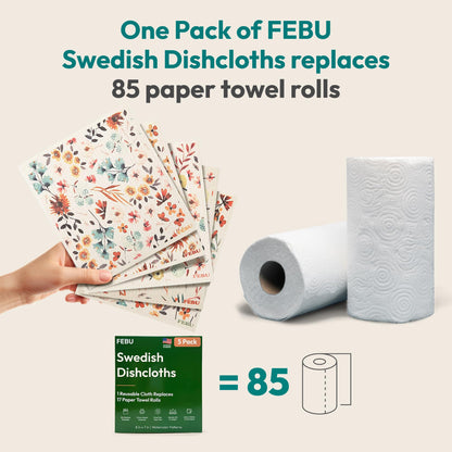 FEBU Swedish Dishcloths for Kitchen | 5 Pack Watercolor Reusable Paper Towels Washable | Swedish Dish Towels | Non-Scratch Cellulose Sponge Cloths | No Odor, Biodegradable Cleaning Cloths