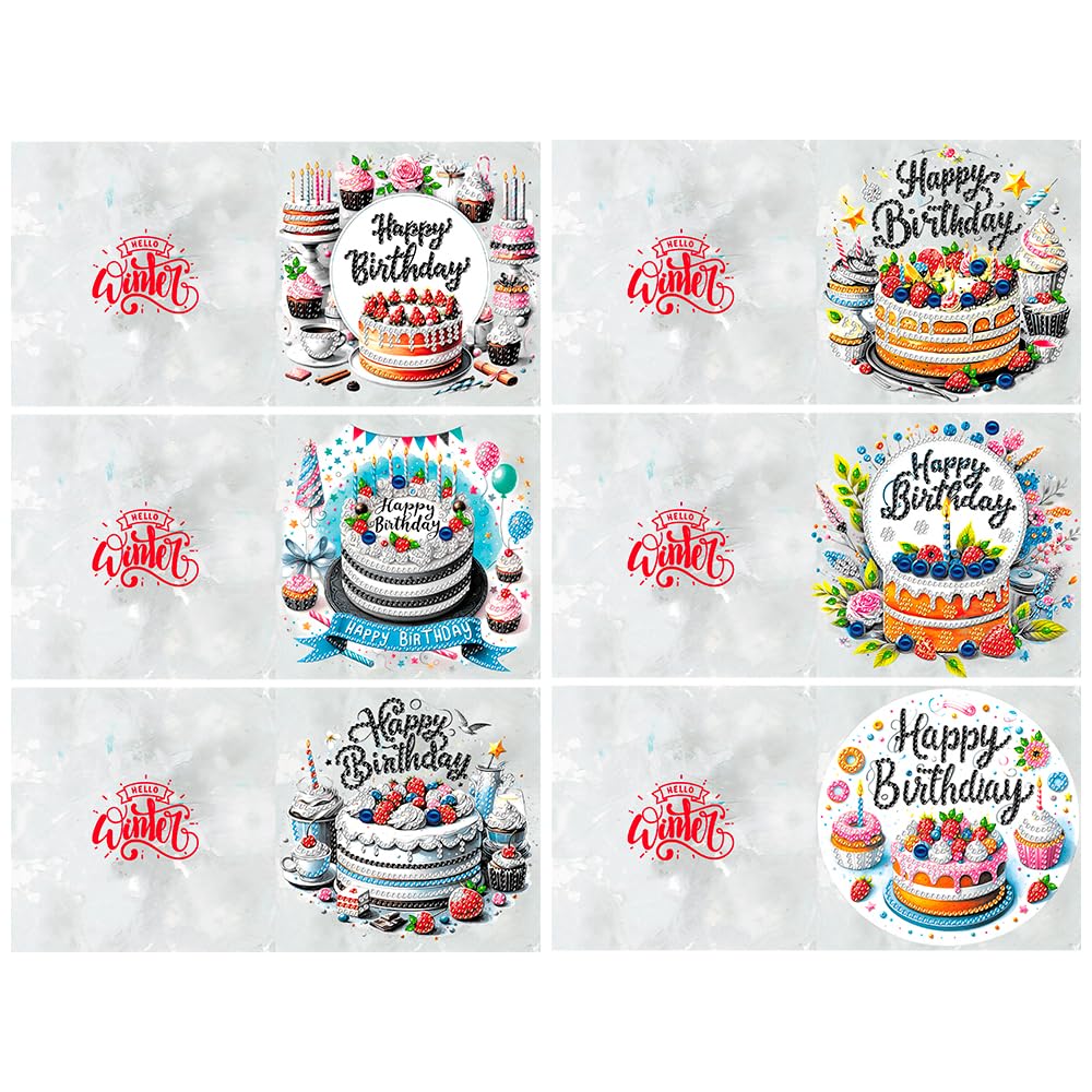 pigpigboss 6 Packs Happy Birthday Diamond Painting Greeting Cards, Birthday Cake Diamond Art Cards with Envelope, Special Shaped Birthday Cake Painting Crads for Adult Birthday Blessing