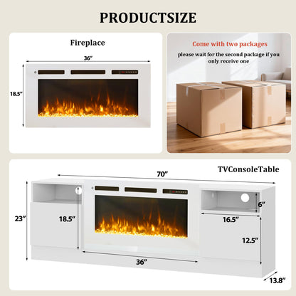 OneBlis 70" Fireplace TV Stand for TVs Up to 80",Entertainment Center with 36” Electric Fireplace and 12 Colors LED Lights,Large TV Console with Storage Cabinet for Living Room,All White