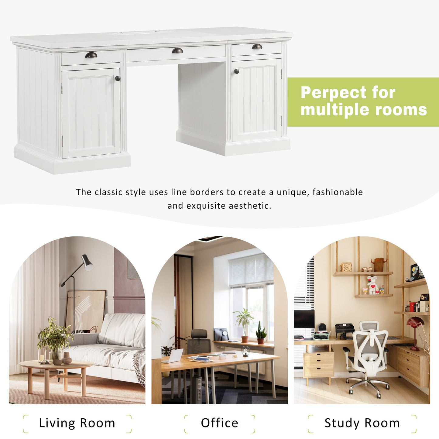 Merax 67" Modern Executive Desk, Computer Desk with 2 Wooden Doors Storage Cabinet and 3 Drawers, Rectangle Home Office Desk Reading Desk Writing Table Workstation for Study Living Room Office, White