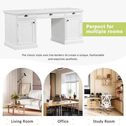 Merax 67" Modern Executive Desk, Computer Desk with 2 Wooden Doors Storage Cabinet and 3 Drawers, Rectangle Home Office Desk Reading Desk Writing Table Workstation for Study Living Room Office, White