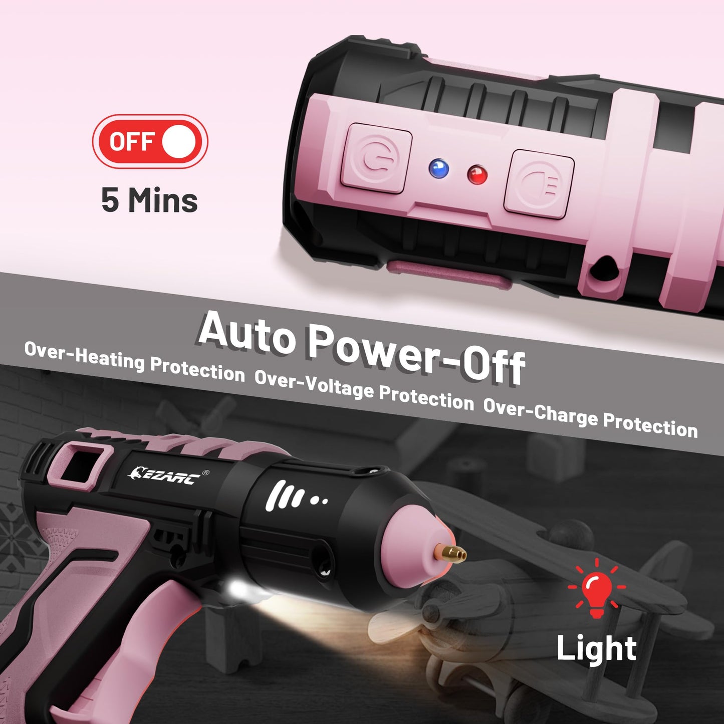 EZARC Cordless Hot Glue Gun, 15s Fast Heating 12V Mini Glue Gun for DIY Crafts, Home Repairs, School Projects, Decorations, with 50 Mini Glue Sticks, Pink